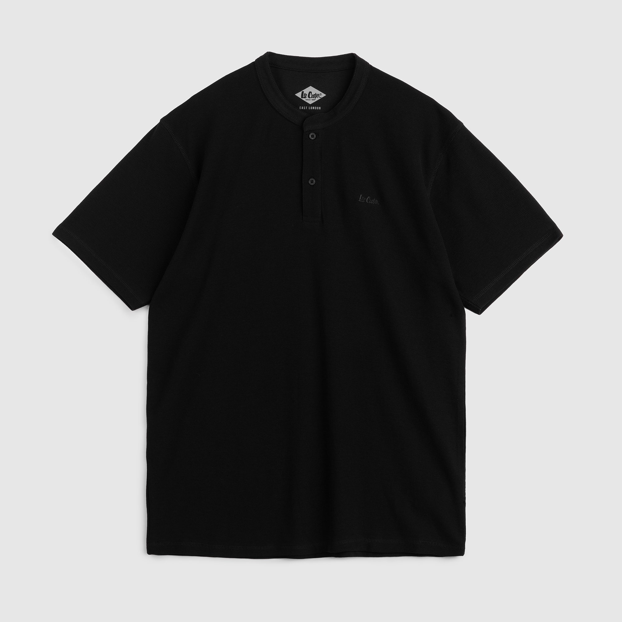 Lee Cooper T-Shirt Henley Buttoned Waffle Black