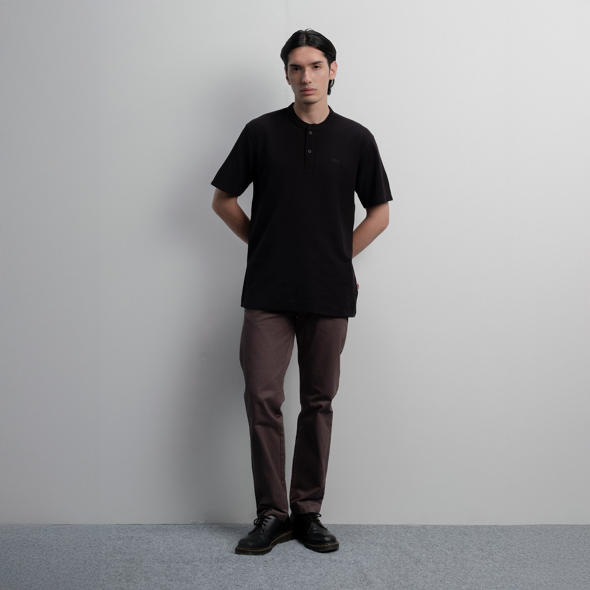 Lee Cooper T-Shirt Henley Buttoned Waffle Black