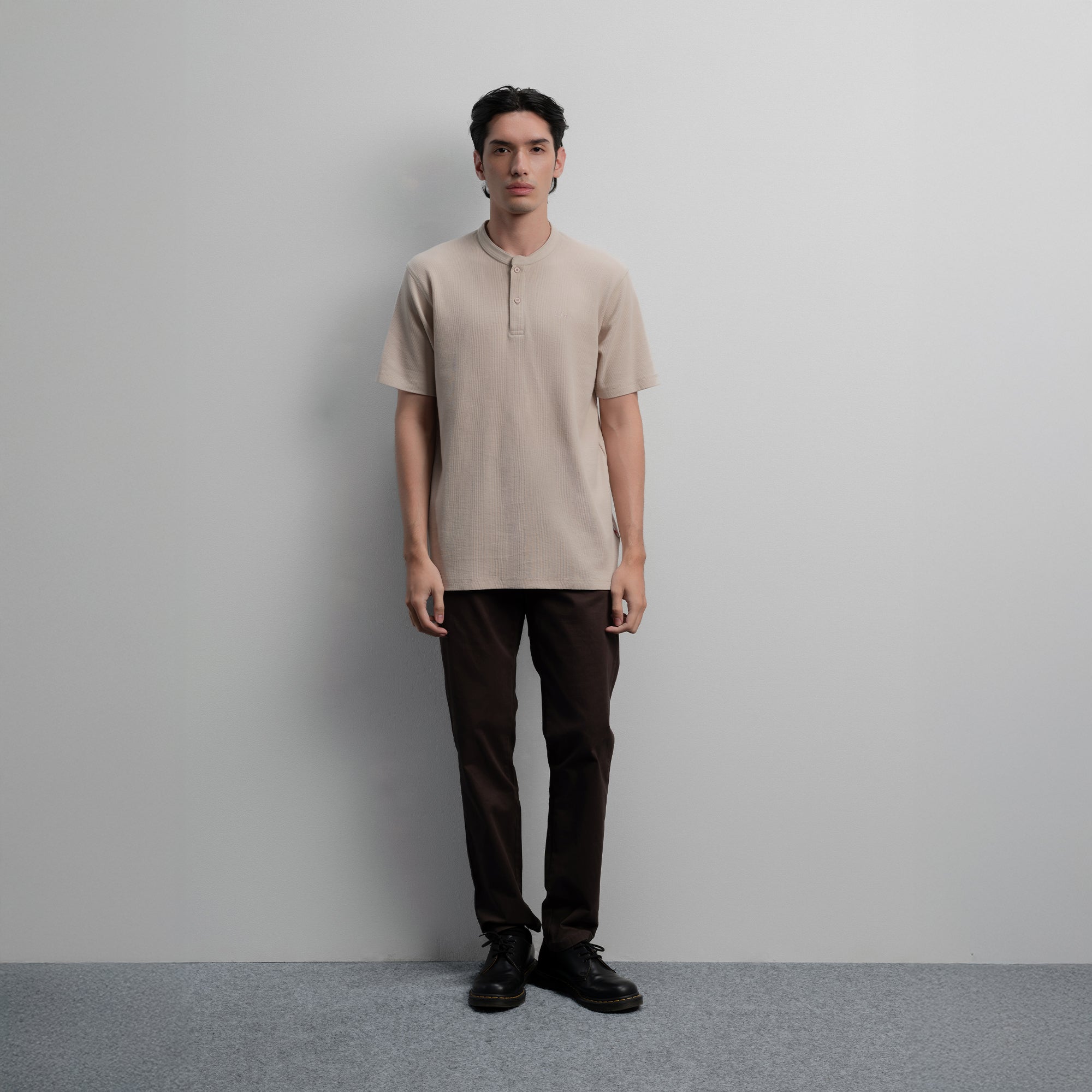 Lee Cooper T-Shirt Henley Buttoned Waffle Cream