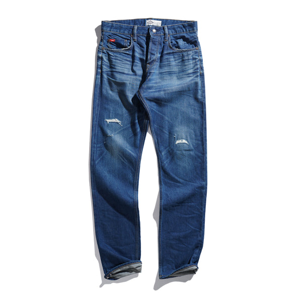 Lee Cooper Tappered Fit Jeans Selvedge Arthur Repaired Medium Blue